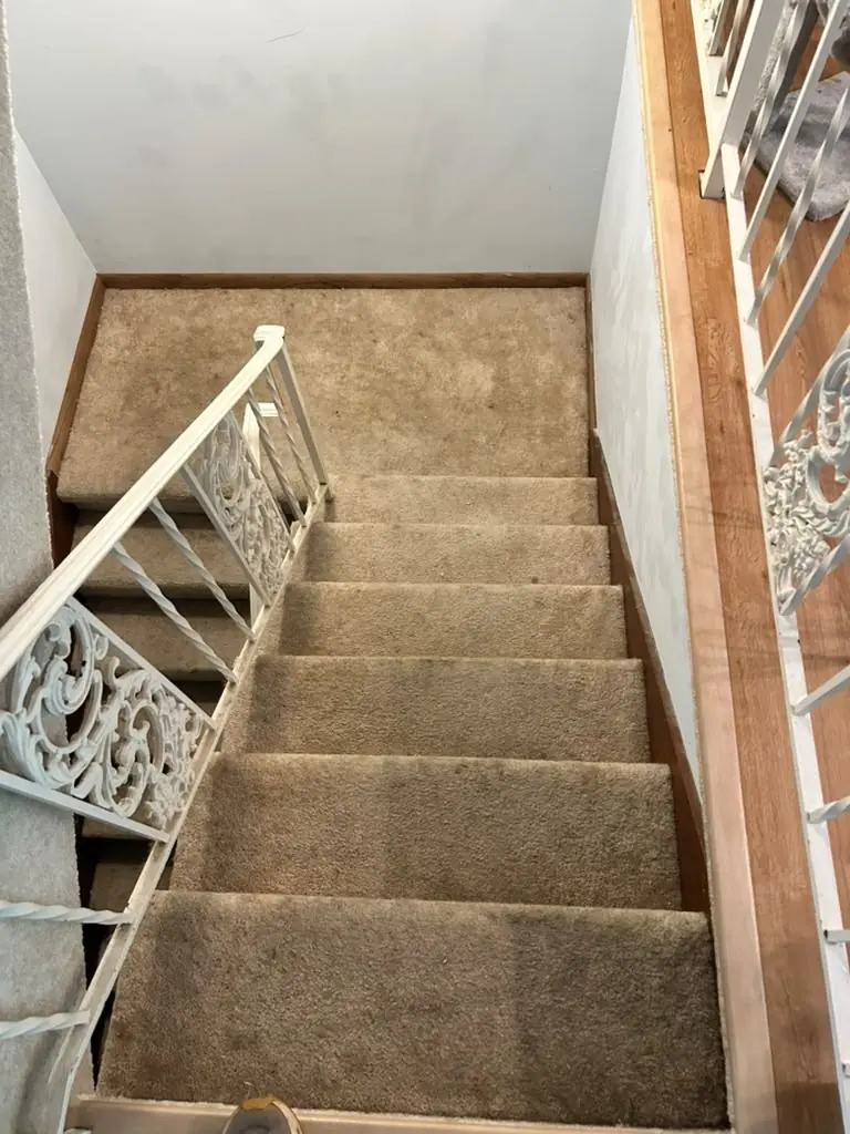 Worn beige carpet on the staircase before the work started, Knoxville, Tennessee