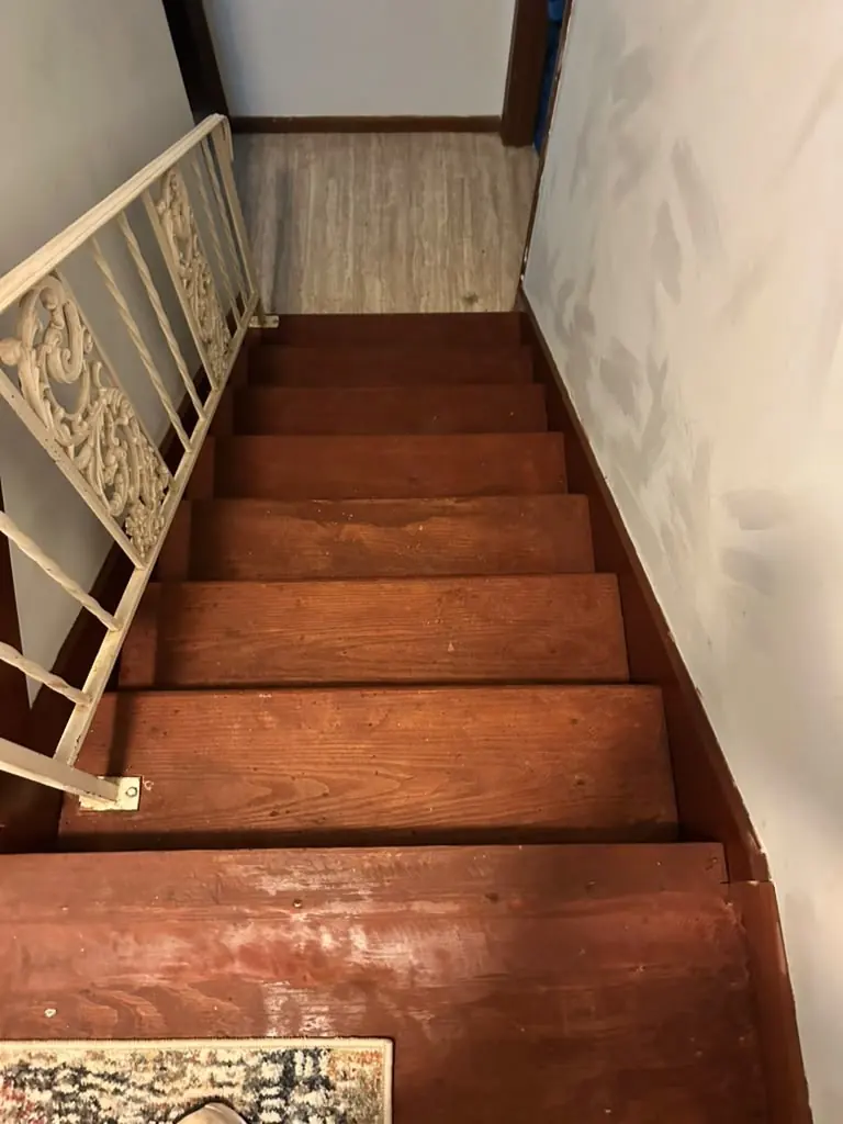 New hardwood stair treads seen from the landing in Knoxville, Tennessee