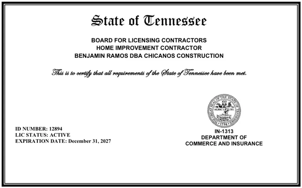 Chicanos Construction LLC Tennessee contractor license certificate, number 12894, active through December 2027