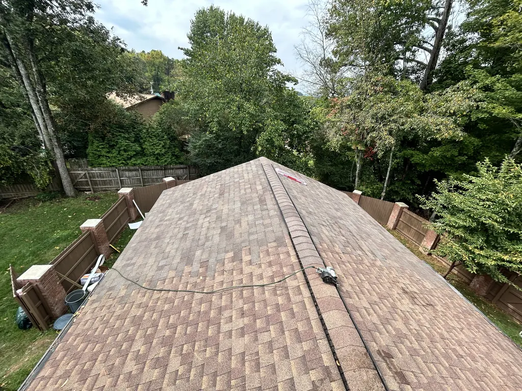 Finished architectural shingle roof seen from the ridge in Knoxville, Tennessee