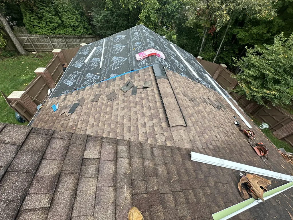 Ice and water shield run into the valley of a roof in Knoxville, Tennessee
