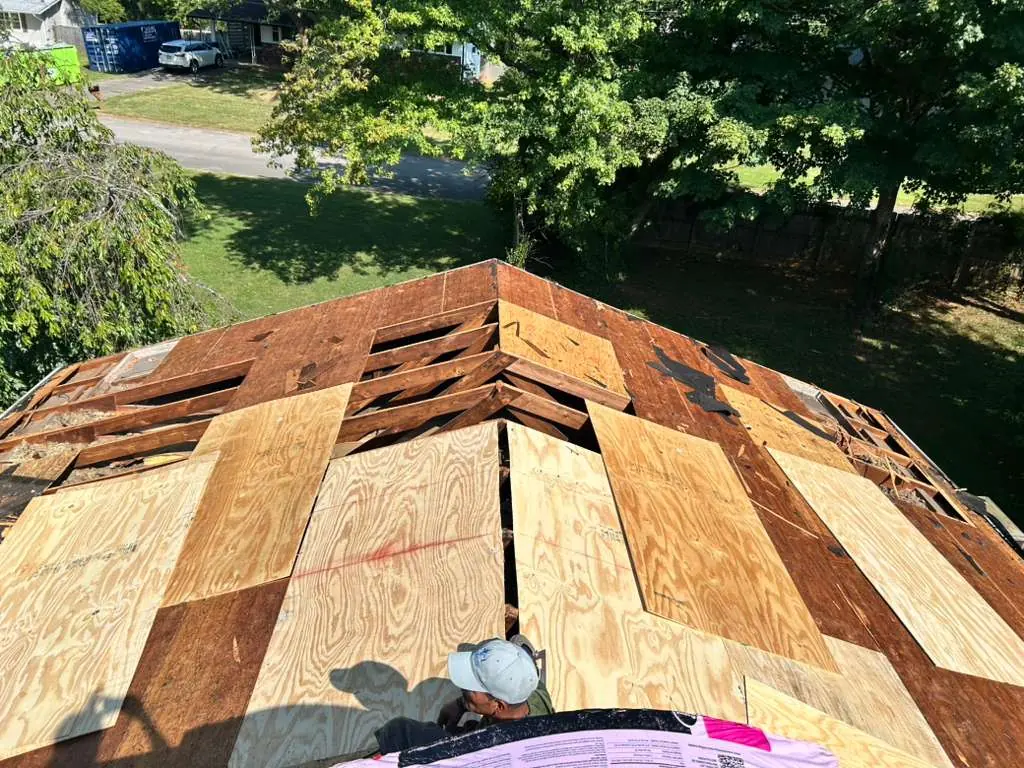New plywood decking going down over the rafters on a roof replacement in Knoxville, Tennessee